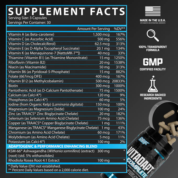 NUTREX - Vitadapt - Complete Nutrition For Peak Performance supplement facts and nutrition information label