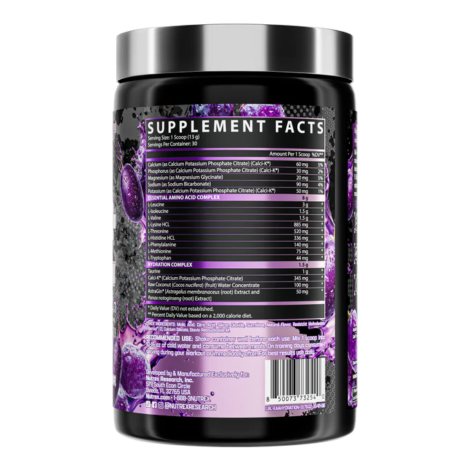 NUTREX RESEARCH - EAA+ Hydration uscle - Recovery & Enhanced Hydration supplement facts and nutrition information label