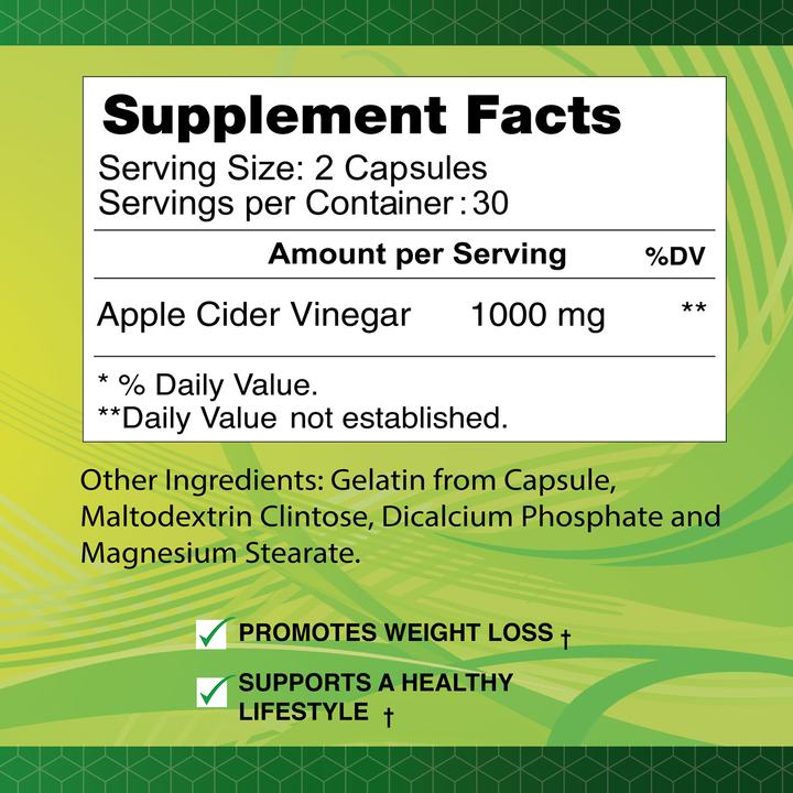 Apple Cider Vinegar 1000mg - 60 Capsules supplement facts and nutrition information label