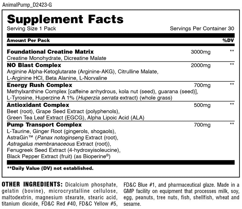 ANIMAL - Pre workout Pump supplement facts and nutrition information label